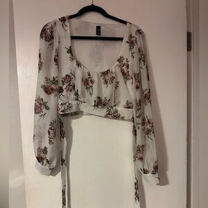 Floral crop top sheer long sleeve